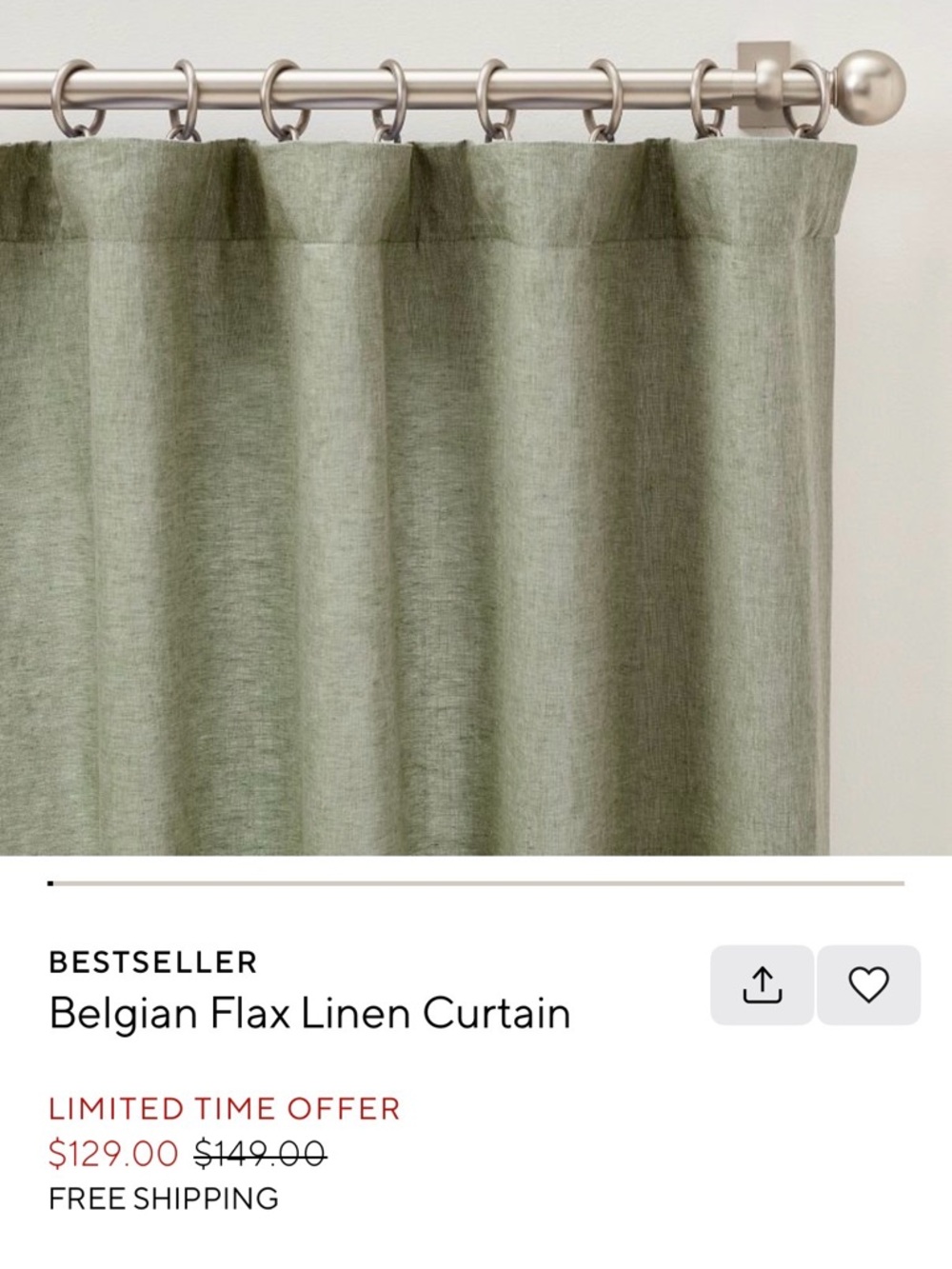 Pottery Barn Belgian Flax Linen Curtain - Loden